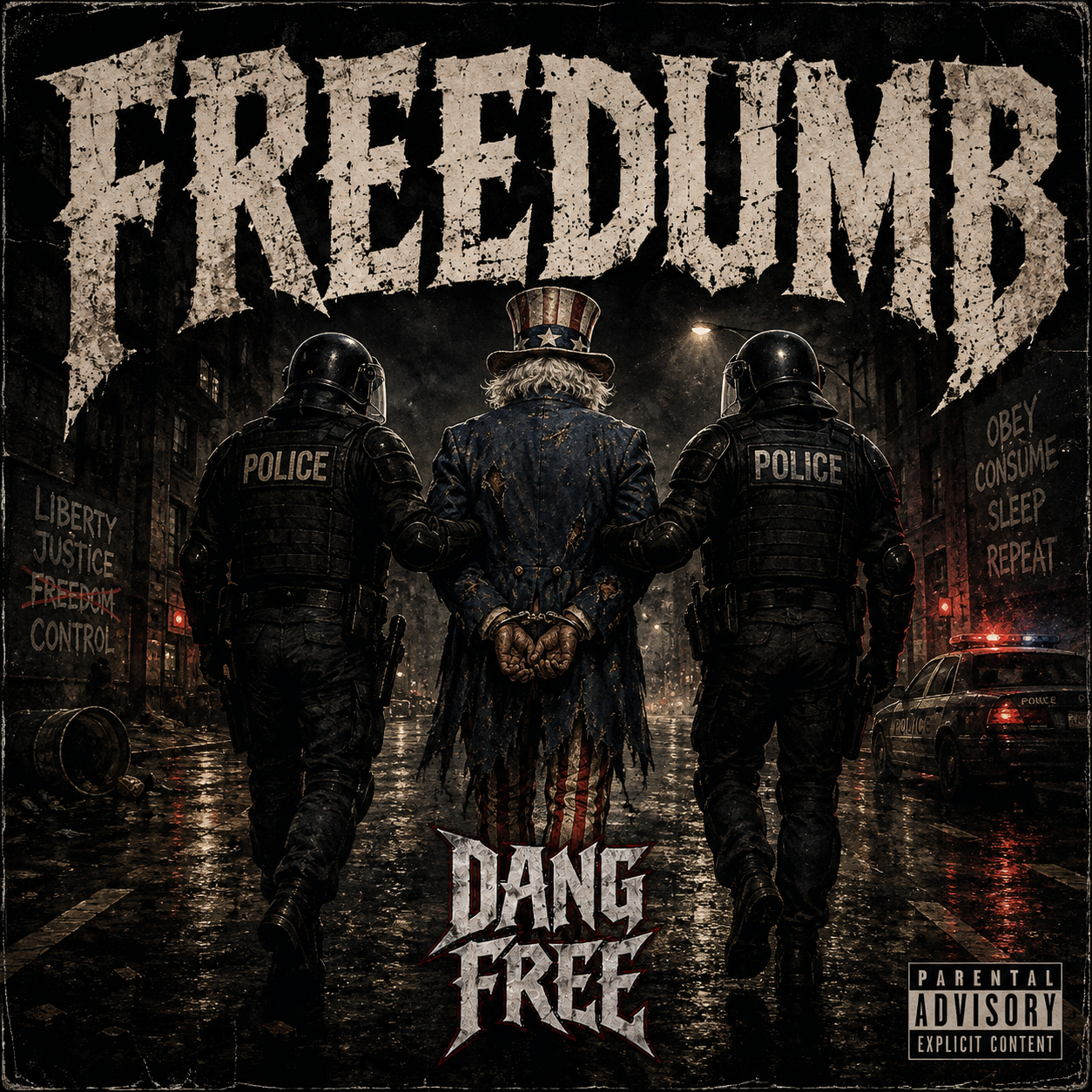 Freedumb album cover: Uncle Sam in handcuffs between two police officers