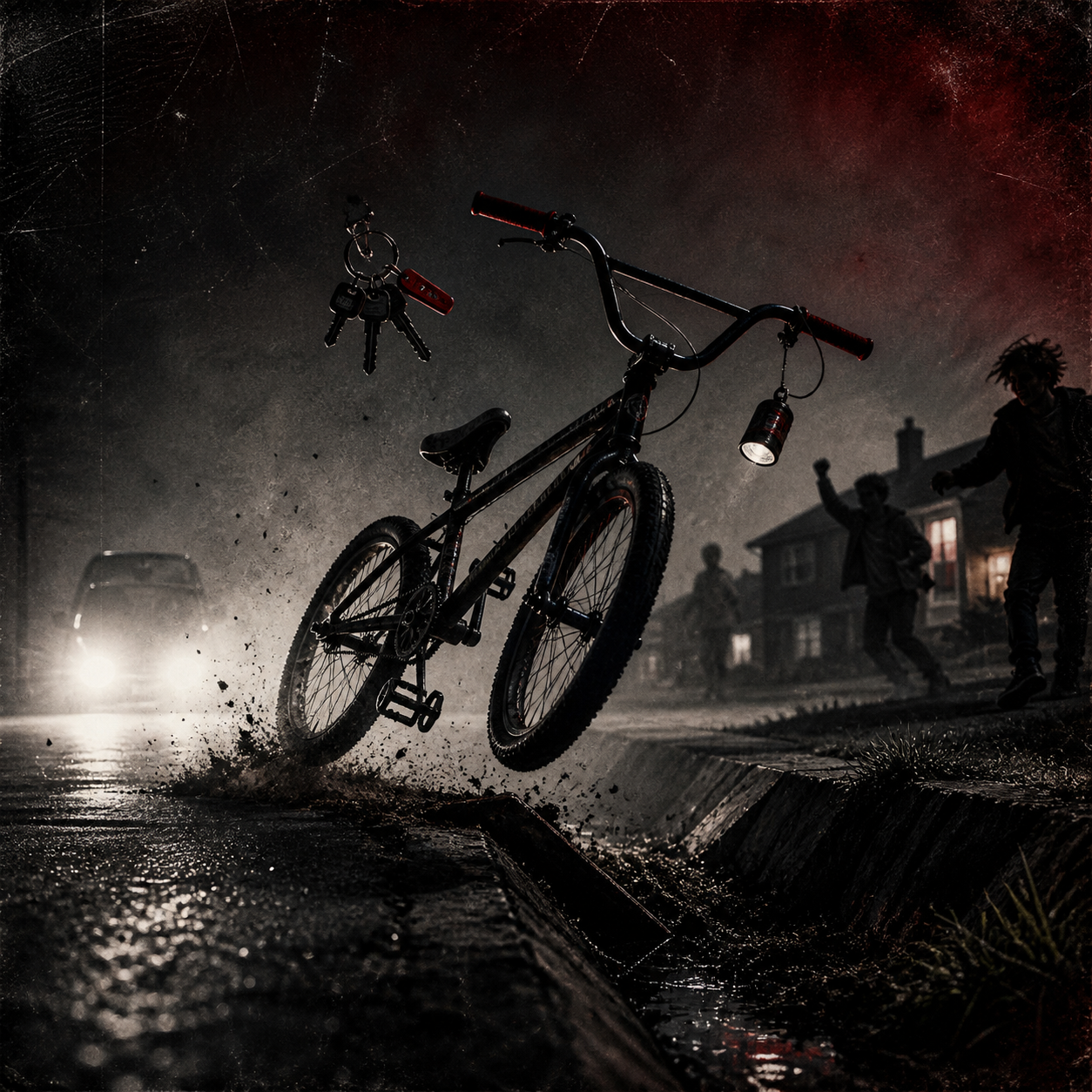 A BMX bicycle jumping a drainage ditch at night while keys spin through the air